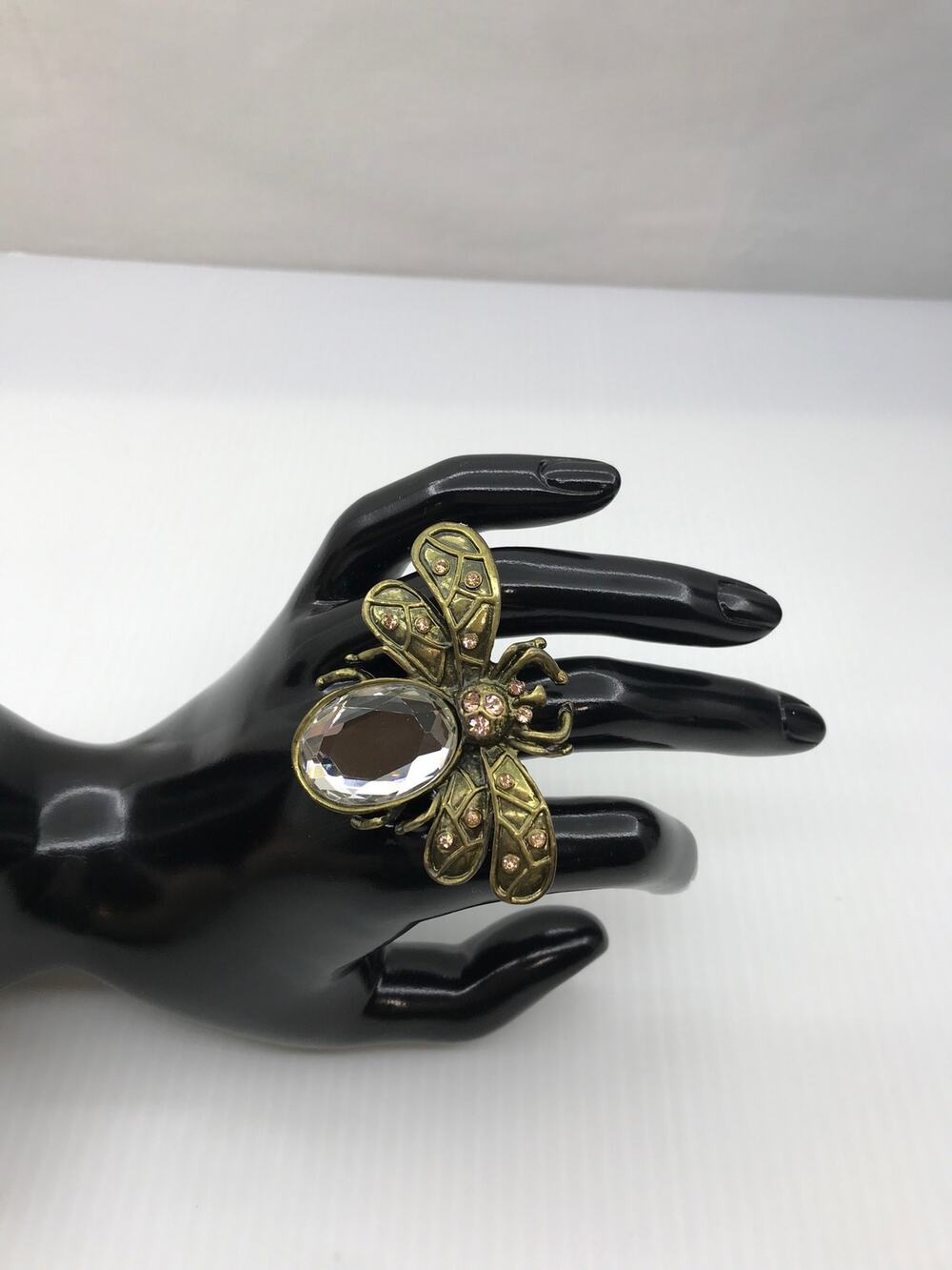 Retro Whimsigoth Baroque Brass Bee Crystal Stretchy Statement Ring 7.5
